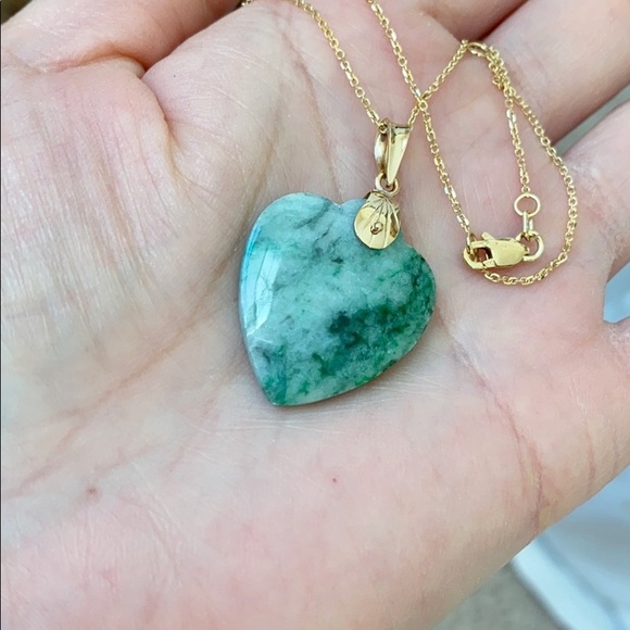 14k Real Gold Chain 18 Heart Jade Pendant Necklace - Picture 10 of 10